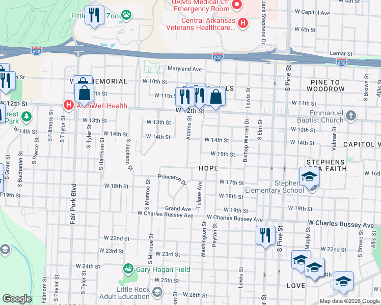 map of restaurants, bars, coffee shops, grocery stores, and more near 1403 Adams Street in Little Rock