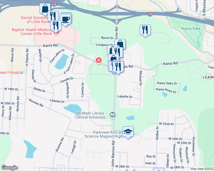 map of restaurants, bars, coffee shops, grocery stores, and more near 1500 John Barrow Road in Little Rock
