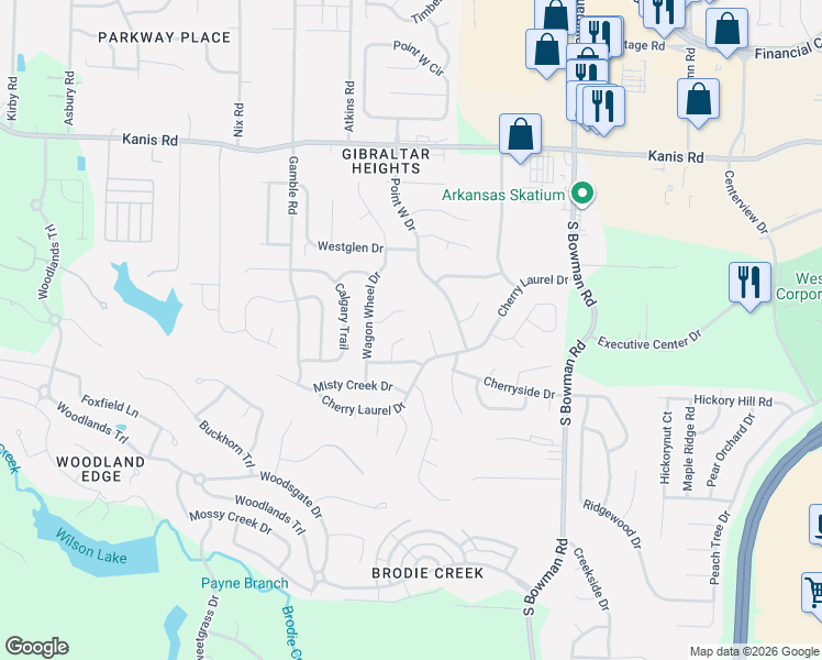map of restaurants, bars, coffee shops, grocery stores, and more near 18 Rocky Crest Court in Little Rock