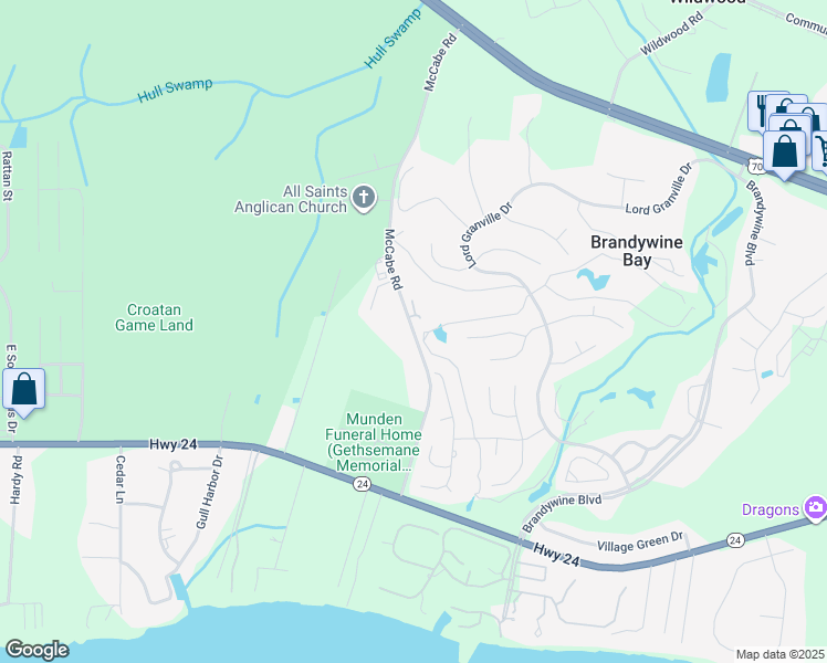 map of restaurants, bars, coffee shops, grocery stores, and more near McCabe Rd in Newport