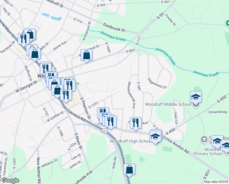 map of restaurants, bars, coffee shops, grocery stores, and more near 923 Purcell Drive in Woodruff