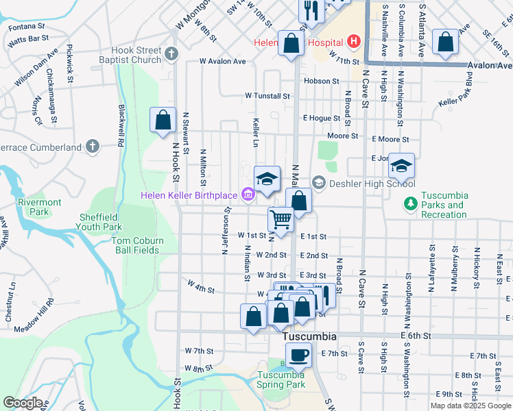 map of restaurants, bars, coffee shops, grocery stores, and more near 200 North Commons Street West in Tuscumbia