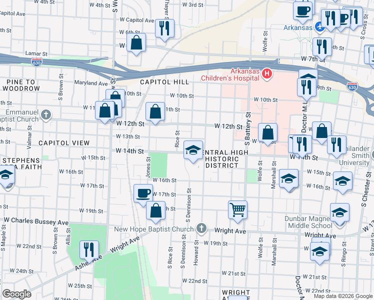 map of restaurants, bars, coffee shops, grocery stores, and more near 2308 West Daisy L Gatson Bates Drive in Little Rock