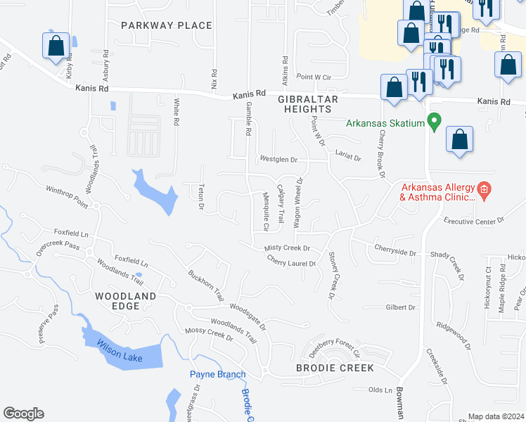 map of restaurants, bars, coffee shops, grocery stores, and more near 1814 Mesquite Circle in Little Rock