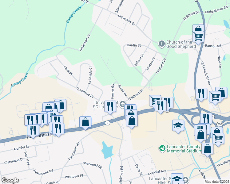 map of restaurants, bars, coffee shops, grocery stores, and more near 1116 Fowler Road in Lancaster