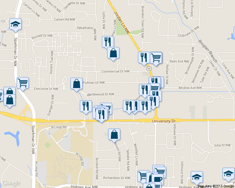 map of restaurants, bars, coffee shops, grocery stores, and more near 4228 Myrtlewood Drive Northwest in Huntsville
