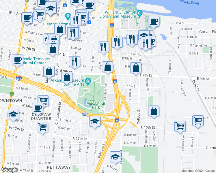 map of restaurants, bars, coffee shops, grocery stores, and more near 923 McMath Avenue in Little Rock