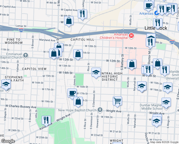 map of restaurants, bars, coffee shops, grocery stores, and more near 2313 West 13th Street in Little Rock