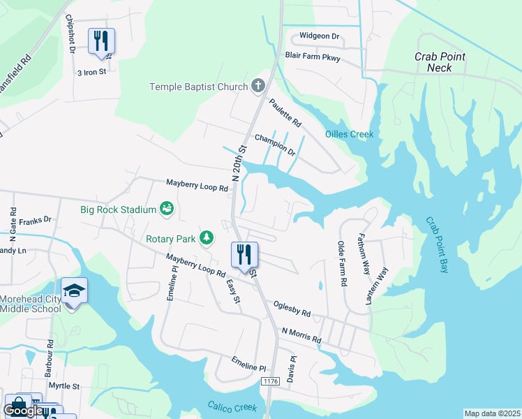 map of restaurants, bars, coffee shops, grocery stores, and more near 1222 Creek Road in Morehead City