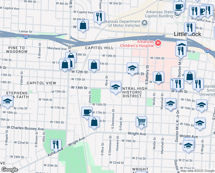 map of restaurants, bars, coffee shops, grocery stores, and more near 2313 West 13th Street in Little Rock