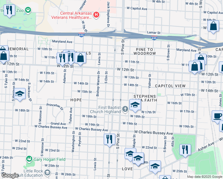map of restaurants, bars, coffee shops, grocery stores, and more near 1401 South Elm Street in Little Rock