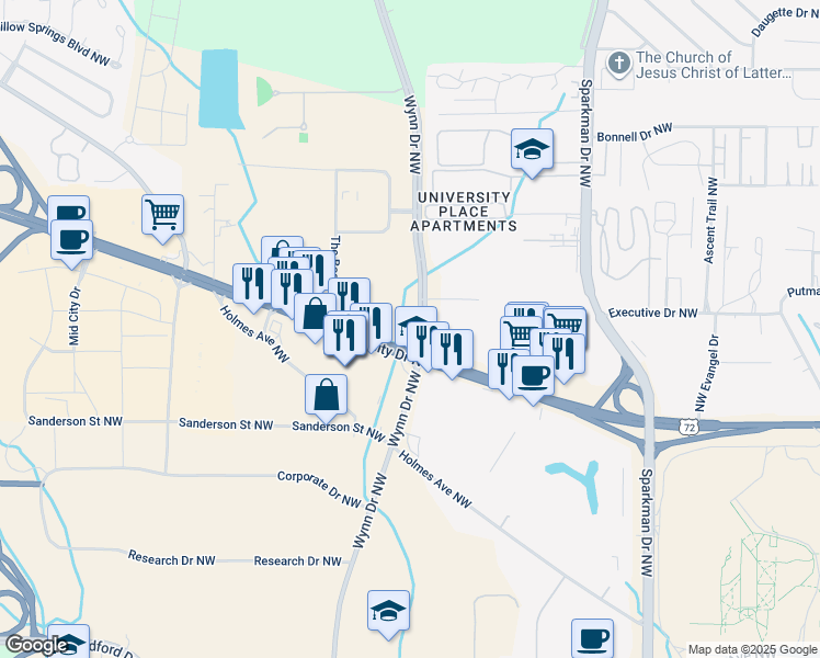 map of restaurants, bars, coffee shops, grocery stores, and more near in Huntsville
