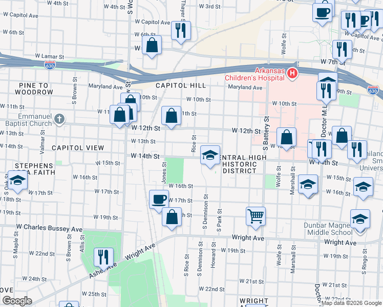 map of restaurants, bars, coffee shops, grocery stores, and more near 2423 West 13th Street in Little Rock