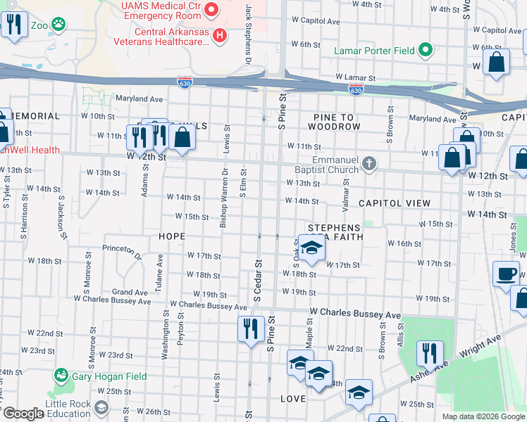 map of restaurants, bars, coffee shops, grocery stores, and more near 1405 South Cedar Street in Little Rock