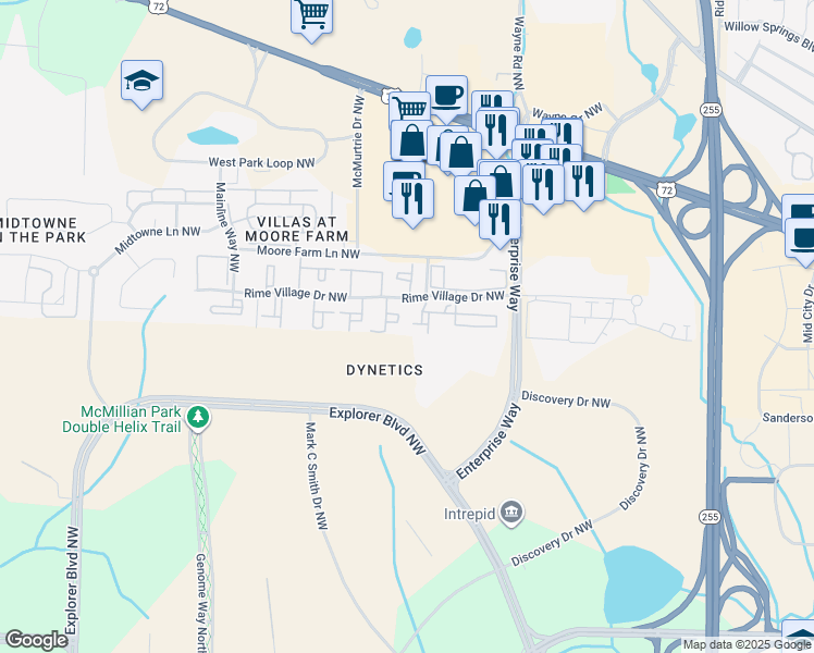 map of restaurants, bars, coffee shops, grocery stores, and more near 6229 Rime Village Drive Northwest in Huntsville