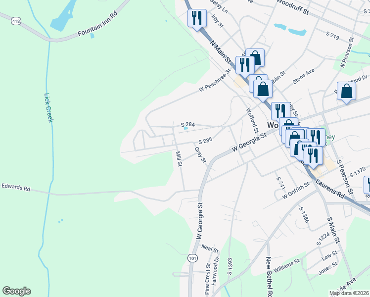map of restaurants, bars, coffee shops, grocery stores, and more near 509 Gray Street in Woodruff
