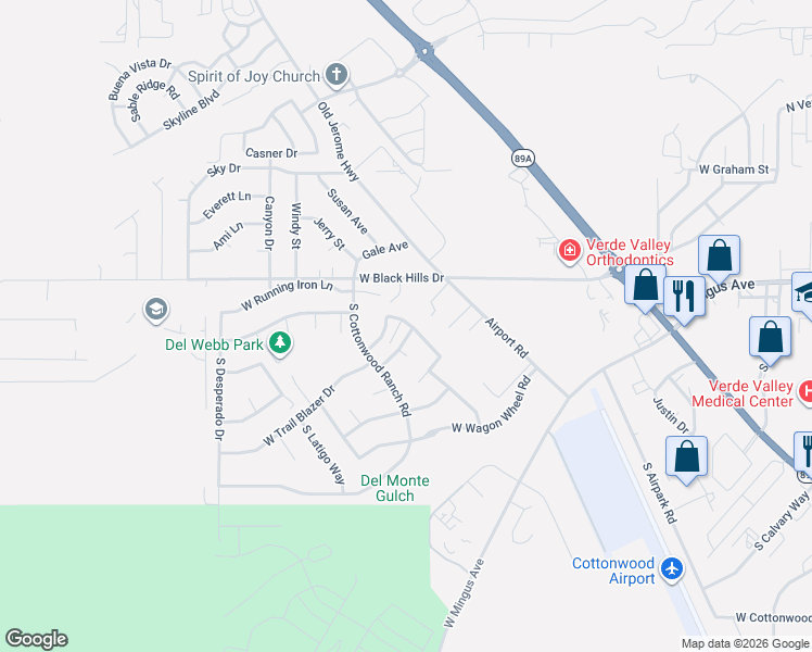 map of restaurants, bars, coffee shops, grocery stores, and more near 85 South Sagebrush Way in Cottonwood