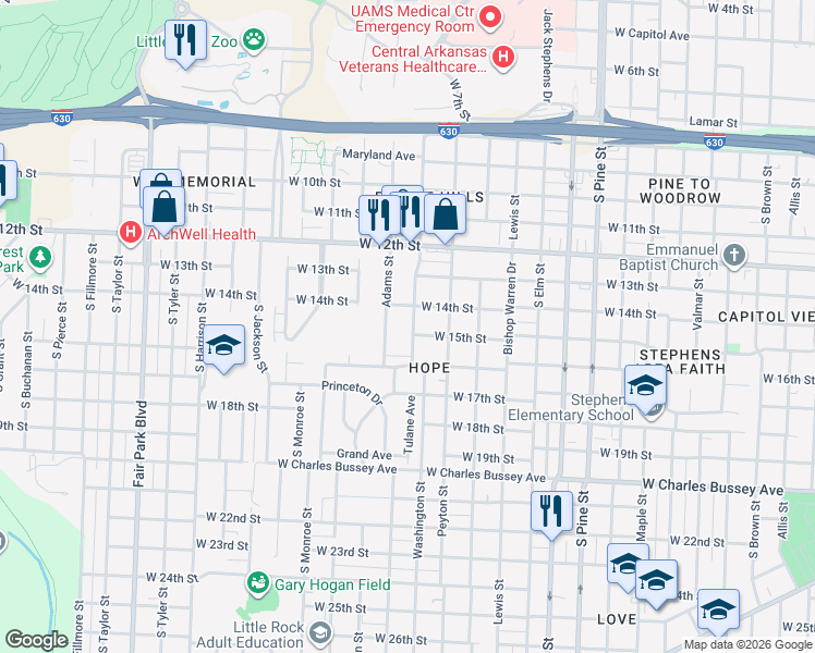 map of restaurants, bars, coffee shops, grocery stores, and more near 1420 Washington Street in Little Rock