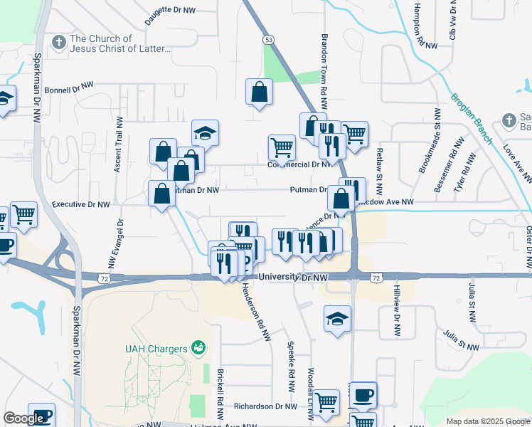 map of restaurants, bars, coffee shops, grocery stores, and more near 4228 Myrtlewood Drive Northwest in Huntsville