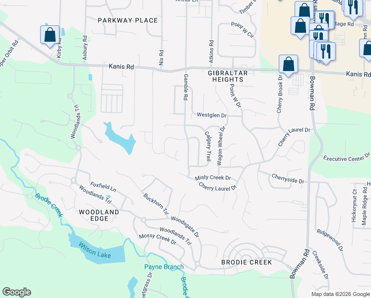 map of restaurants, bars, coffee shops, grocery stores, and more near 1705 Gamble Road in Little Rock