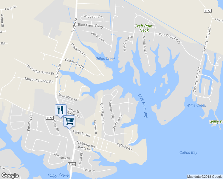 map of restaurants, bars, coffee shops, grocery stores, and more near 1520 Galley Circle in Morehead City