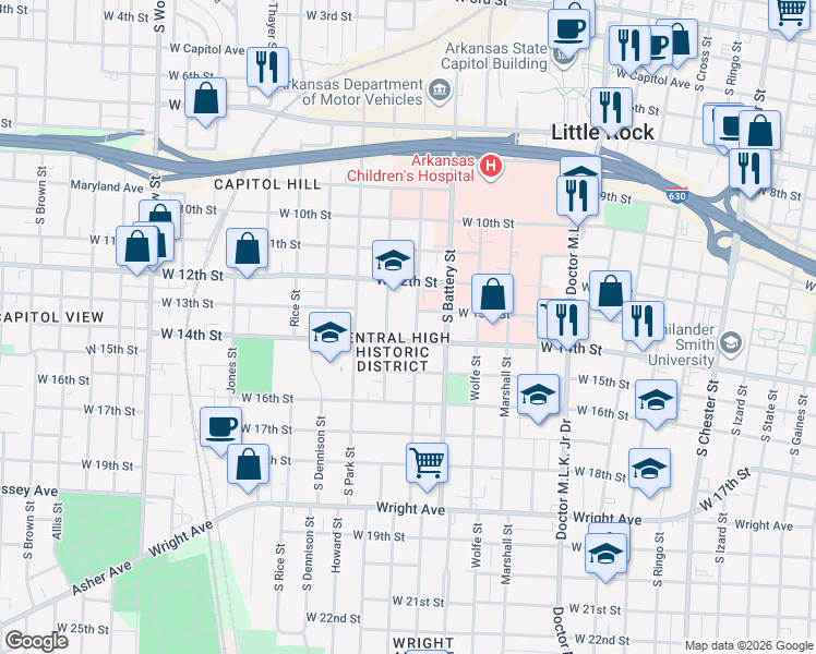 map of restaurants, bars, coffee shops, grocery stores, and more near 1310 South Summit Street in Little Rock
