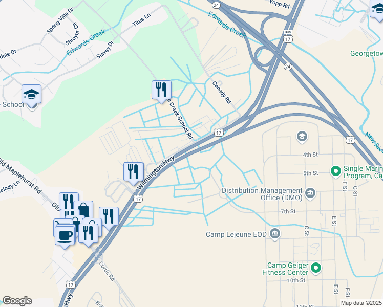 map of restaurants, bars, coffee shops, grocery stores, and more near 1623 Wilmington Highway in Jacksonville