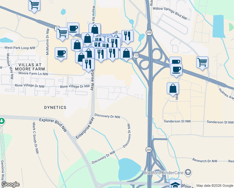 map of restaurants, bars, coffee shops, grocery stores, and more near 1100 Enterprise Way Northwest in Huntsville