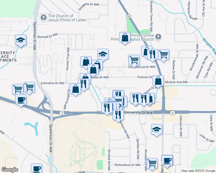 map of restaurants, bars, coffee shops, grocery stores, and more near 4400 Myrtlewood Drive Northwest in Huntsville