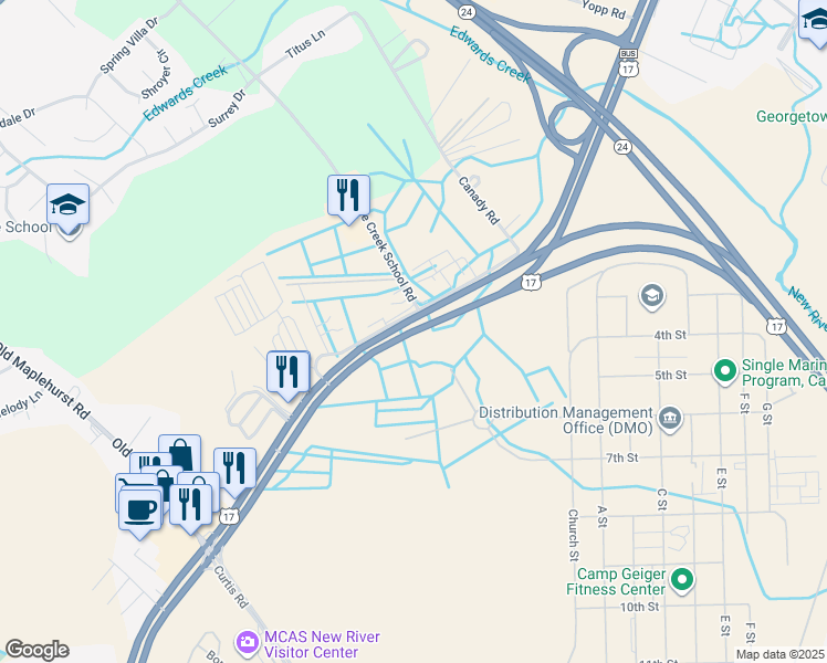 map of restaurants, bars, coffee shops, grocery stores, and more near 1627 Wilmington Highway in Jacksonville