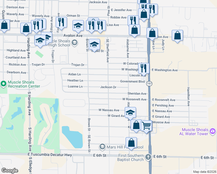 map of restaurants, bars, coffee shops, grocery stores, and more near 305 Jackson Drive in Muscle Shoals