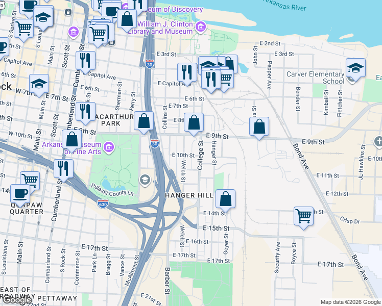 map of restaurants, bars, coffee shops, grocery stores, and more near 918 College Street in Little Rock