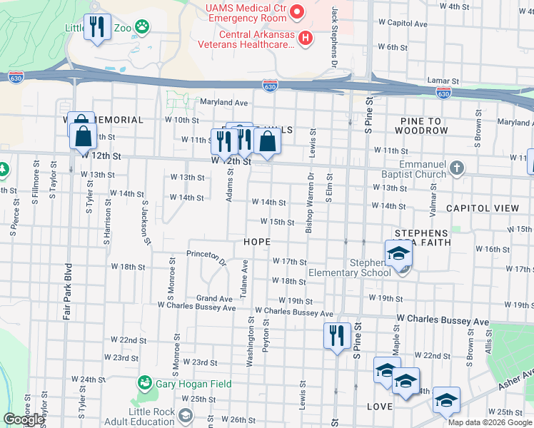 map of restaurants, bars, coffee shops, grocery stores, and more near 1405 Washington Street in Little Rock