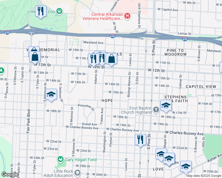 map of restaurants, bars, coffee shops, grocery stores, and more near 1405 Washington Street in Little Rock