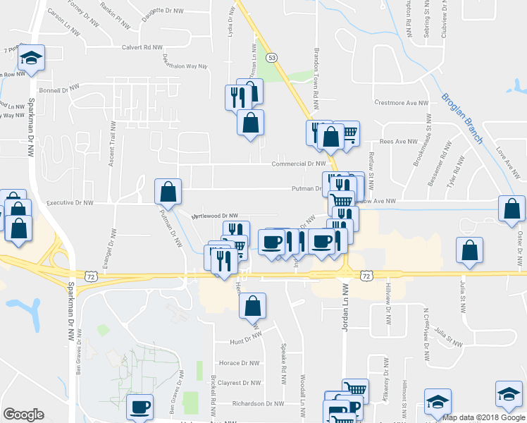 map of restaurants, bars, coffee shops, grocery stores, and more near 4228 Myrtlewood Drive Northwest in Huntsville