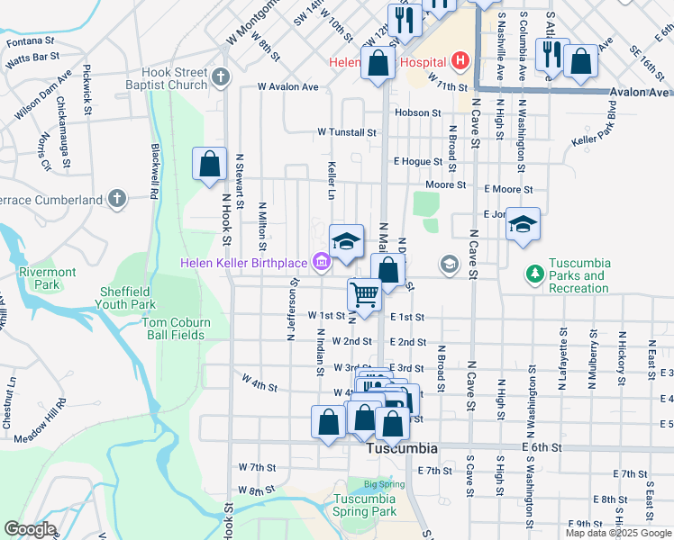 map of restaurants, bars, coffee shops, grocery stores, and more near 200 North Commons Street West in Tuscumbia