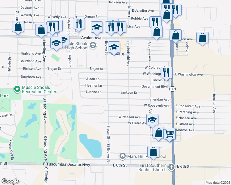 map of restaurants, bars, coffee shops, grocery stores, and more near Jackson Avenue in Muscle Shoals