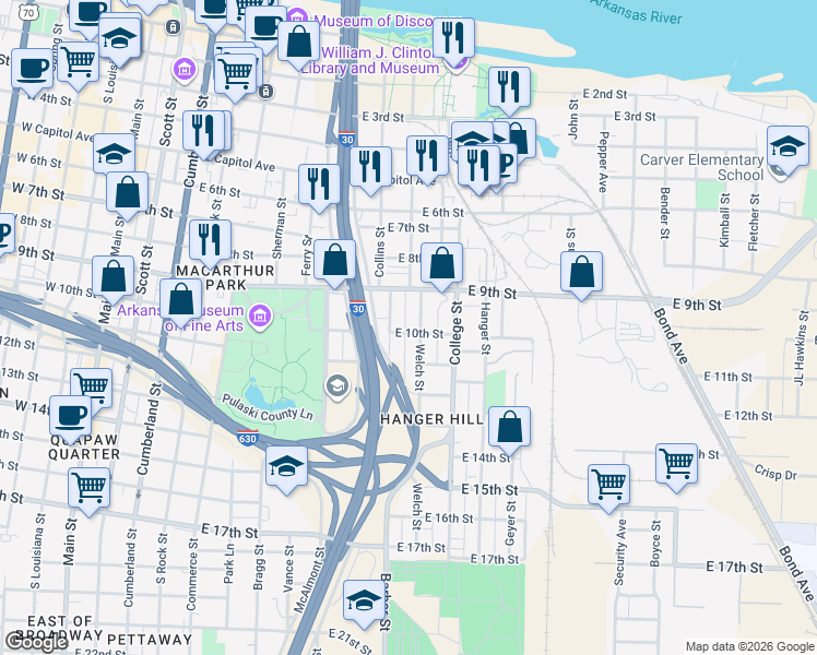 map of restaurants, bars, coffee shops, grocery stores, and more near 924 East 10th Street in Little Rock