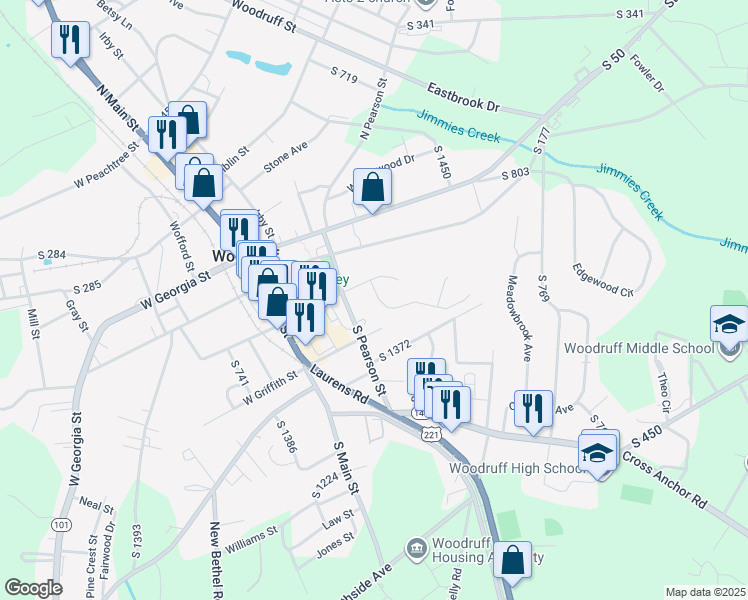 map of restaurants, bars, coffee shops, grocery stores, and more near 317 South Pearson Street in Woodruff