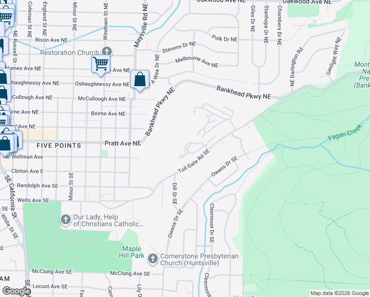 map of restaurants, bars, coffee shops, grocery stores, and more near 200 Treetop Drive Southeast in Huntsville