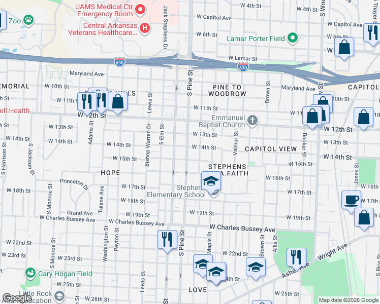 map of restaurants, bars, coffee shops, grocery stores, and more near 1400 South Oak Street in Little Rock