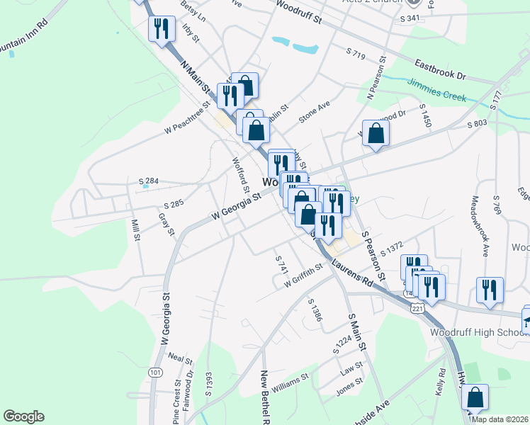 map of restaurants, bars, coffee shops, grocery stores, and more near 212 West Hayne Street in Woodruff