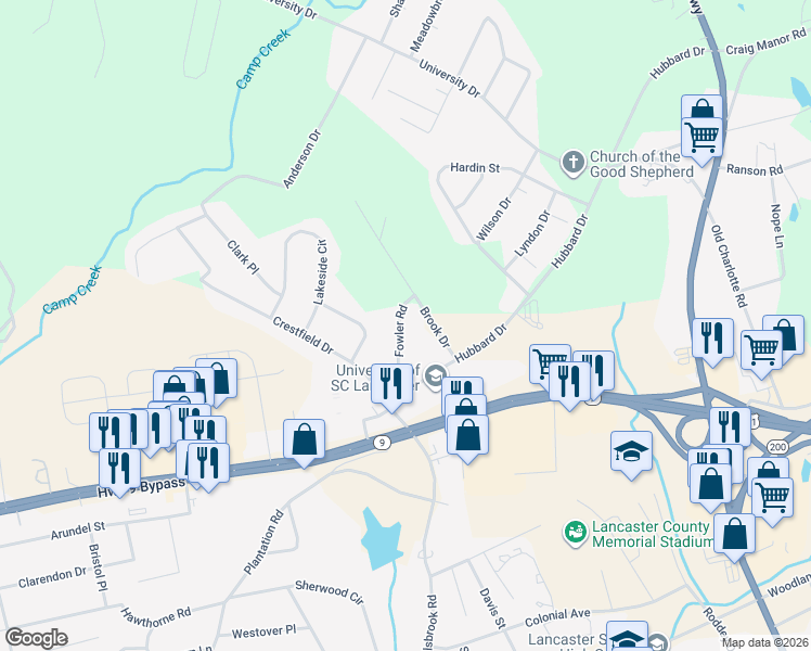 map of restaurants, bars, coffee shops, grocery stores, and more near 1116 Fowler Road in Lancaster