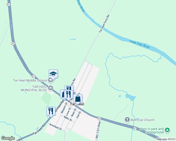 map of restaurants, bars, coffee shops, grocery stores, and more near Pine Street in Tar Heel