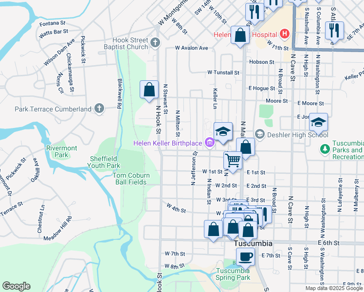 map of restaurants, bars, coffee shops, grocery stores, and more near 601-699 N Milton St in Tuscumbia