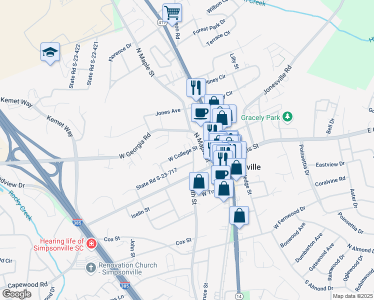map of restaurants, bars, coffee shops, grocery stores, and more near 304a County Road 219 in Simpsonville