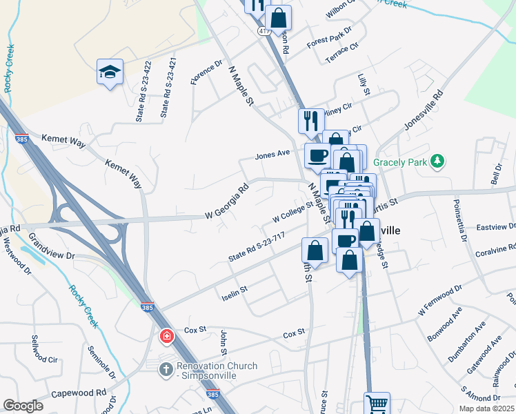map of restaurants, bars, coffee shops, grocery stores, and more near 53 Heritage Oak Way in Simpsonville