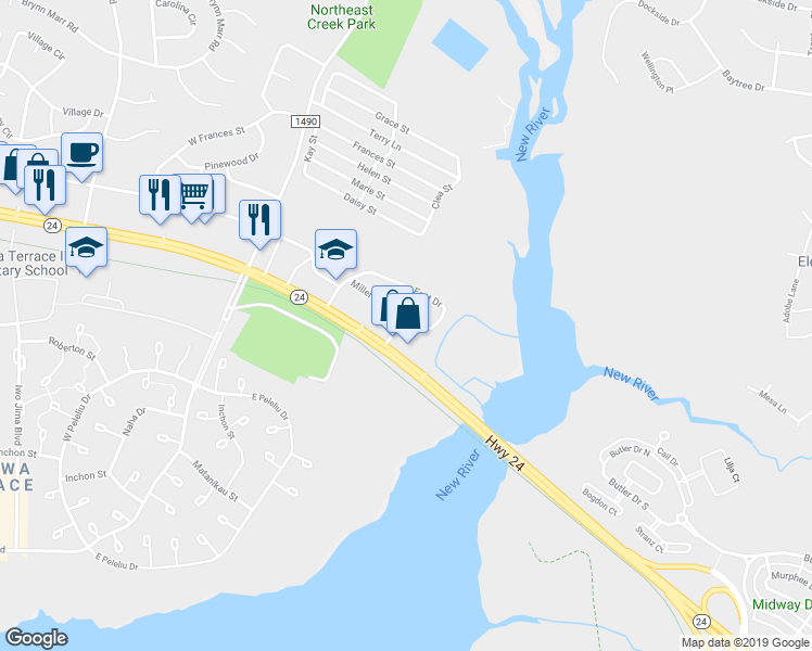 map of restaurants, bars, coffee shops, grocery stores, and more near 47 East Drive in Jacksonville