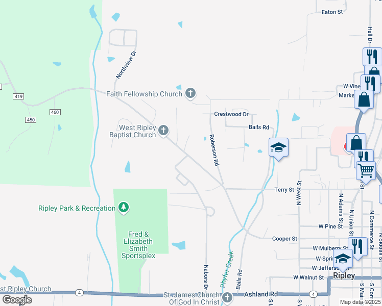 map of restaurants, bars, coffee shops, grocery stores, and more near 758 West Cooper Street in Ripley