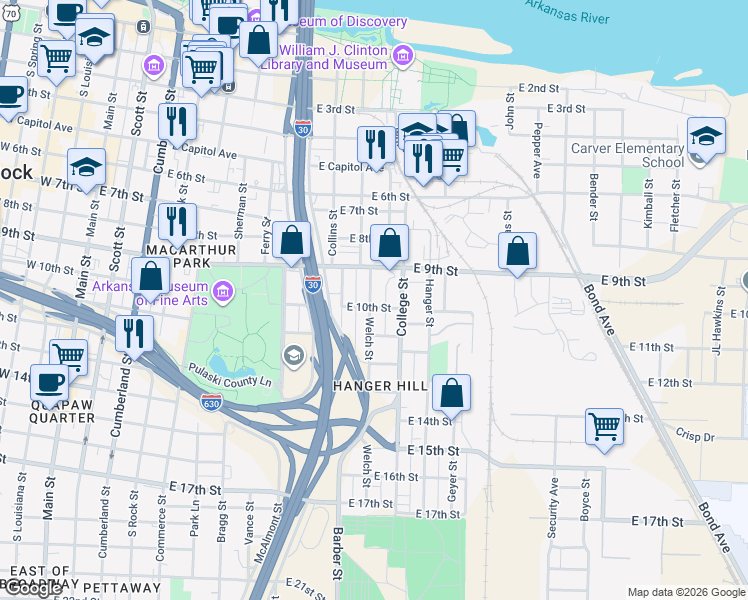 map of restaurants, bars, coffee shops, grocery stores, and more near 918 College Street in Little Rock